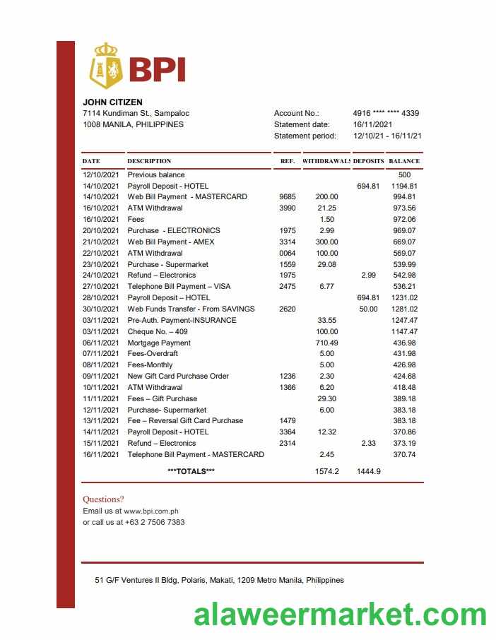 Philippines Bank of the Philippine bank statement easy to fill template in Excel and PDF format